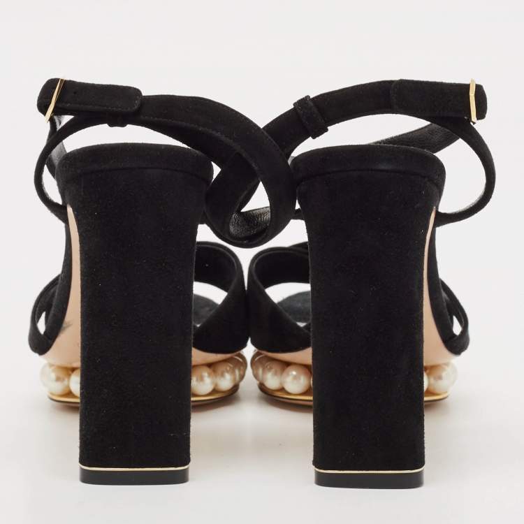 Pre Owned Nicholas Kirkwood Black Suede  Pearl Embellished Platform Ankle Strap Sandals Size 38