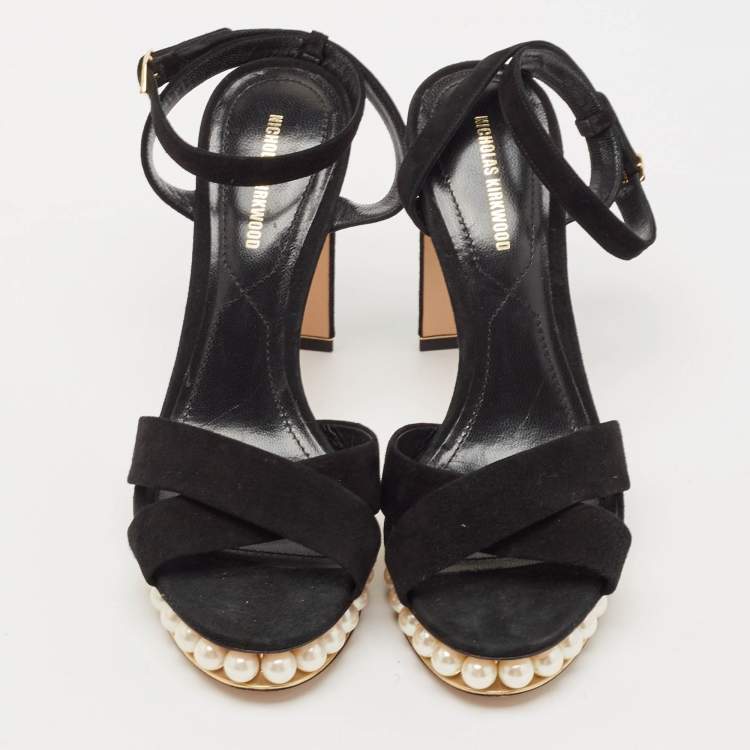 Pre Owned Nicholas Kirkwood Black Suede  Pearl Embellished Platform Ankle Strap Sandals Size 38
