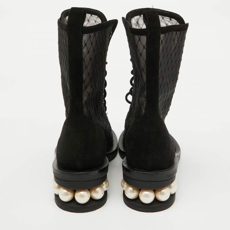 Pre Owned Nicholas Kirkwood Black Mesh and Suede Casati Pearl Ankle Length Boots Size 38