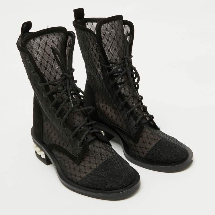 Pre Owned Nicholas Kirkwood Black Mesh and Suede Casati Pearl Ankle Length Boots Size 38