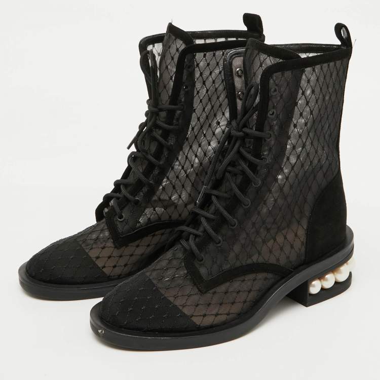 Pre Owned Nicholas Kirkwood Black Mesh and Suede Casati Pearl Ankle Length Boots Size 38