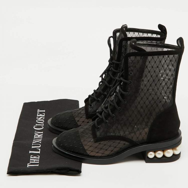 Pre Owned Nicholas Kirkwood Black Mesh and Suede Casati Pearl Ankle Length Boots Size 38