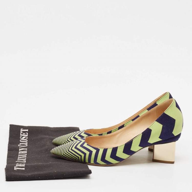 Pre Owned Nicholas Kirkwood Green/Blue Chevron Suede Block Heel Pumps Size 37