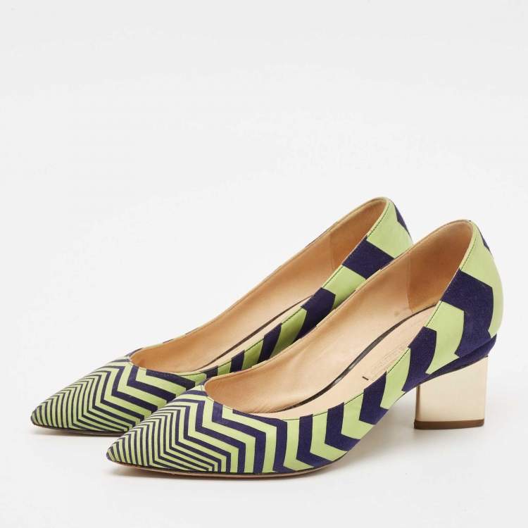 Pre Owned Nicholas Kirkwood Green/Blue Chevron Suede Block Heel Pumps Size 37