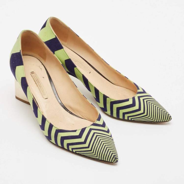 Pre Owned Nicholas Kirkwood Green/Blue Chevron Suede Block Heel Pumps Size 37