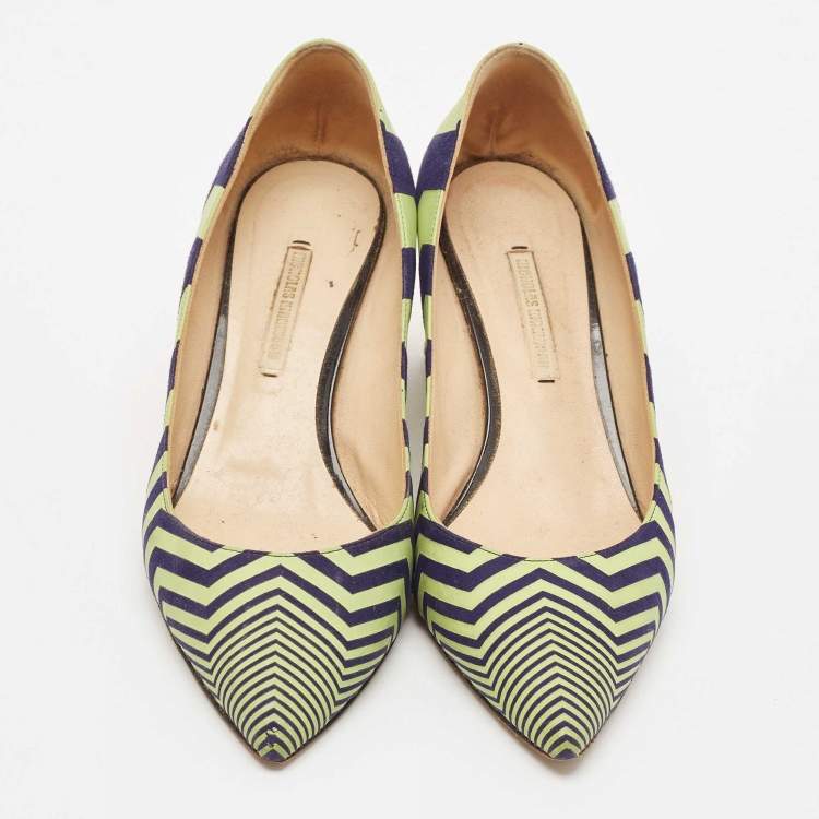 Pre Owned Nicholas Kirkwood Green/Blue Chevron Suede Block Heel Pumps Size 37