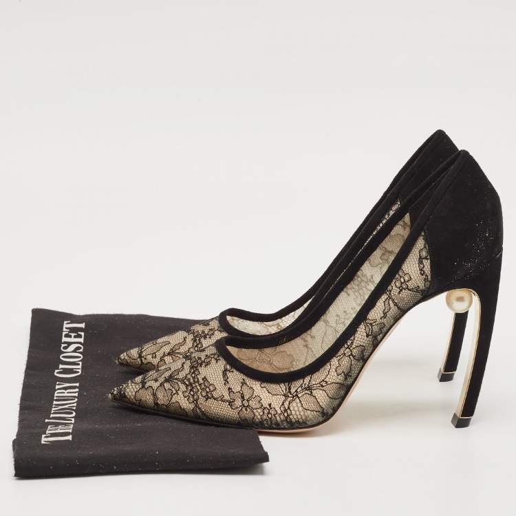 Pre Owned Nicholas Kirkwood Black/Beige Suede and Lace Pearl Embellished Pointed Toe Pumps Size 41