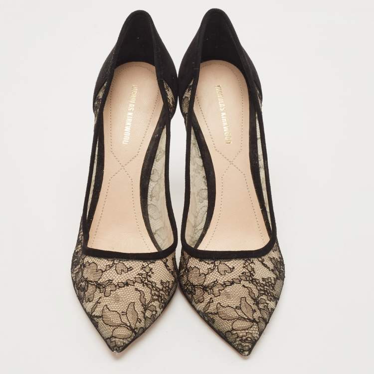 Pre Owned Nicholas Kirkwood Black/Beige Suede and Lace Pearl Embellished Pointed Toe Pumps Size 41