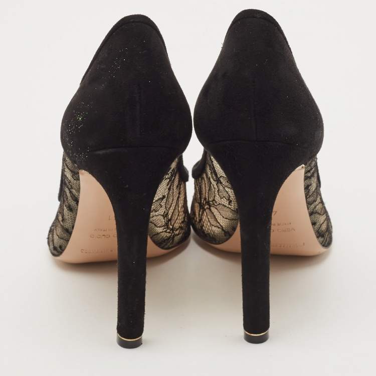 Pre Owned Nicholas Kirkwood Black/Beige Suede and Lace Pearl Embellished Pointed Toe Pumps Size 41
