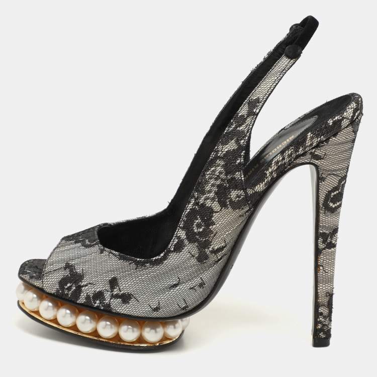 Pre Owned Nicholas Kirkwood Black Lace and Lurex Fabric Slingback Sandals Size 37