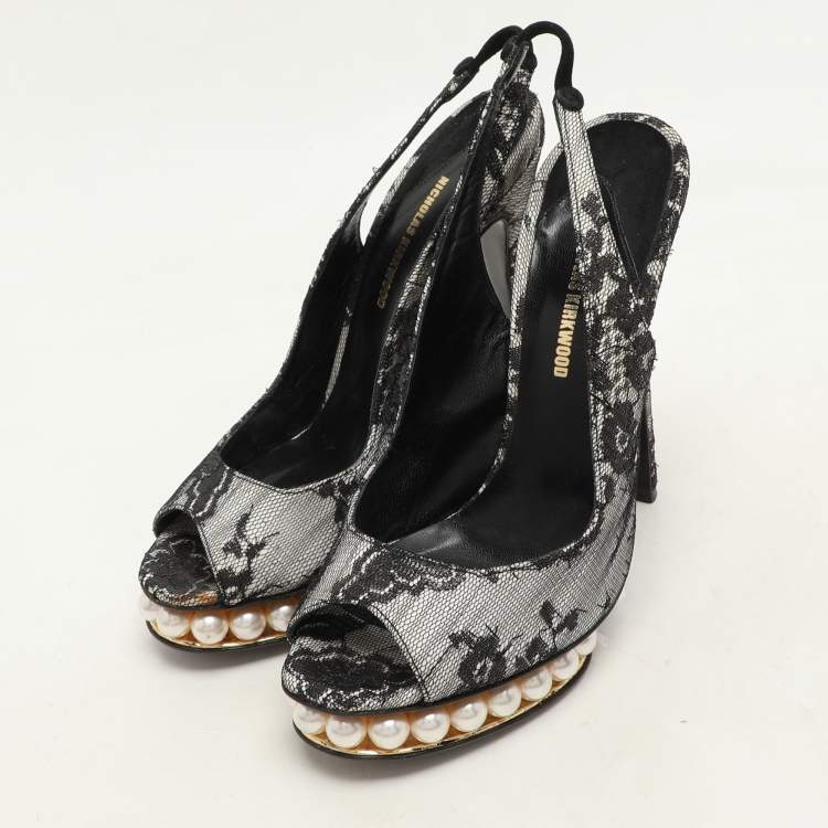 Pre Owned Nicholas Kirkwood Black Lace and Lurex Fabric Slingback Sandals Size 37