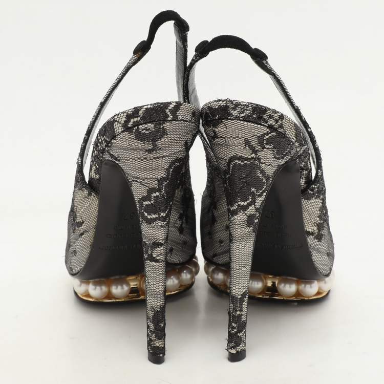 Pre Owned Nicholas Kirkwood Black Lace and Lurex Fabric Slingback Sandals Size 37