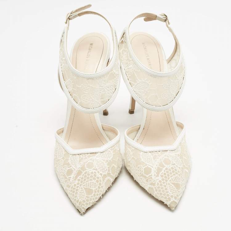 Pre Owned Nicholas Kirkwood White Lace and Leather Leda Pumps Size 39.5