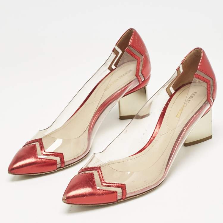 Pre Owned Nicholas Kirkwood Red/Transparent Leather and PVC Block Heel Pumps Size 39