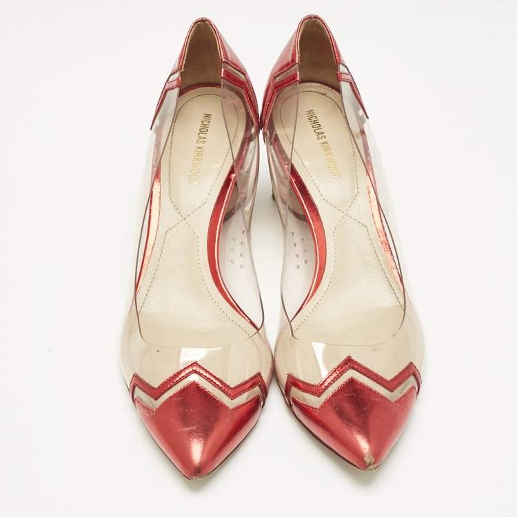 Pre Owned Nicholas Kirkwood Red/Transparent Leather and PVC Block Heel Pumps Size 39