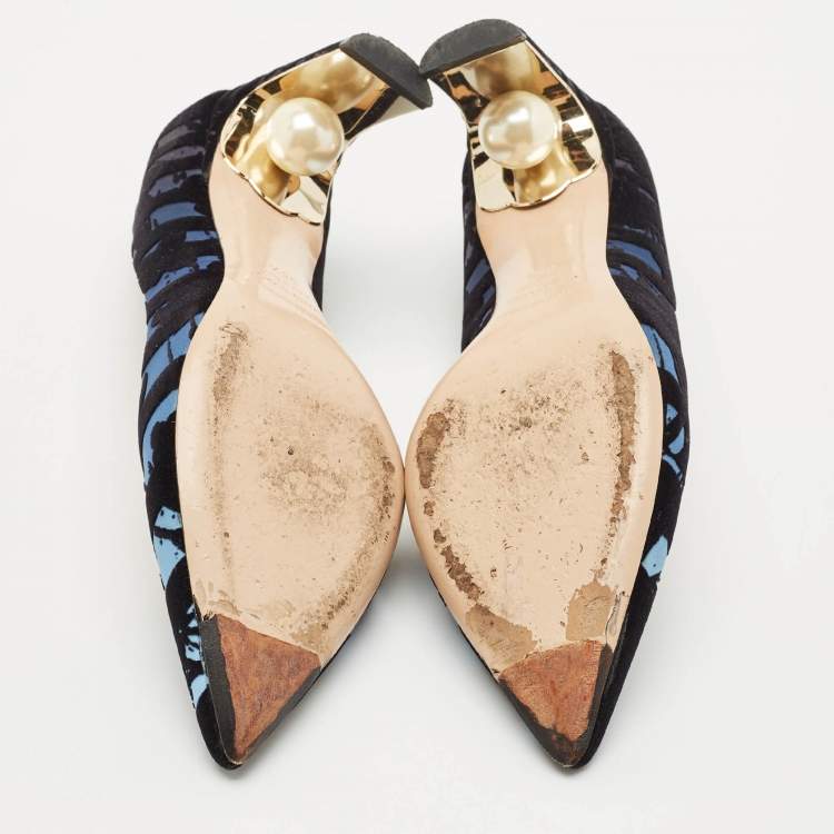 Pre Owned Nicholas Kirkwood Black/Blue Velvet Pearl Embellished Pumps Size 38.5