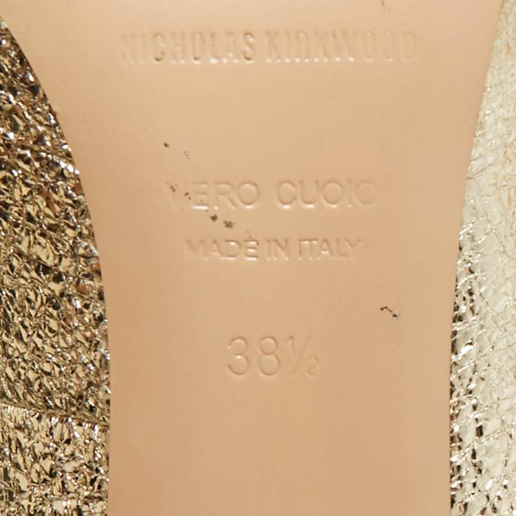 Pre Owned Nicholas Kirkwood Gold Texture Leather Pearl Embellished Pointed Toe Pumps Size 38.5