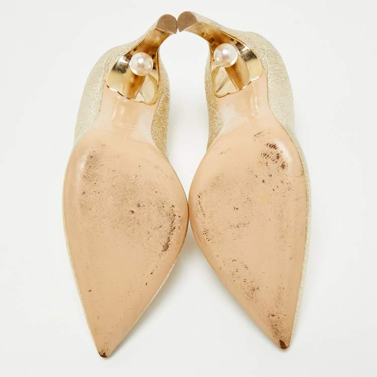 Pre Owned Nicholas Kirkwood Gold Texture Leather Pearl Embellished Pointed Toe Pumps Size 38.5