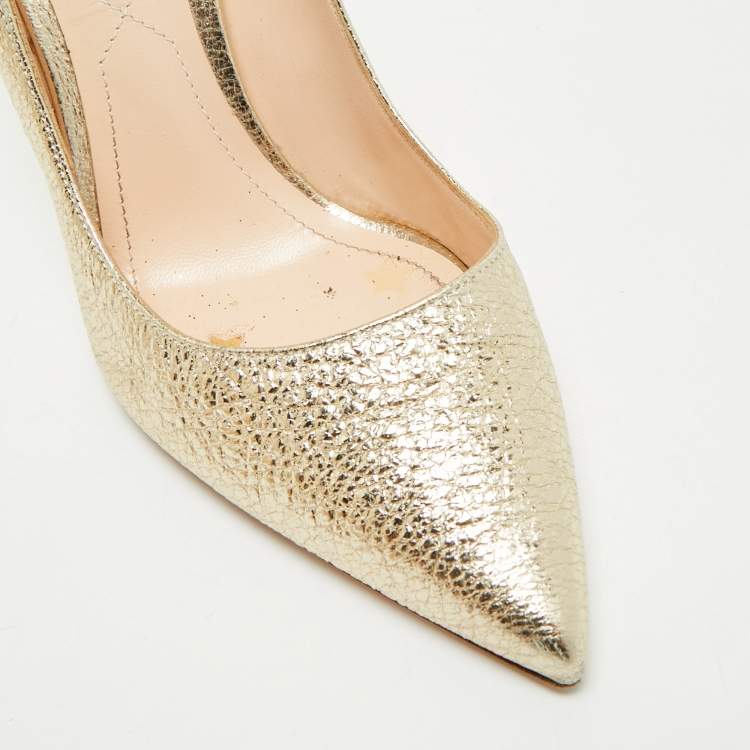 Pre Owned Nicholas Kirkwood Gold Texture Leather Pearl Embellished Pointed Toe Pumps Size 38.5