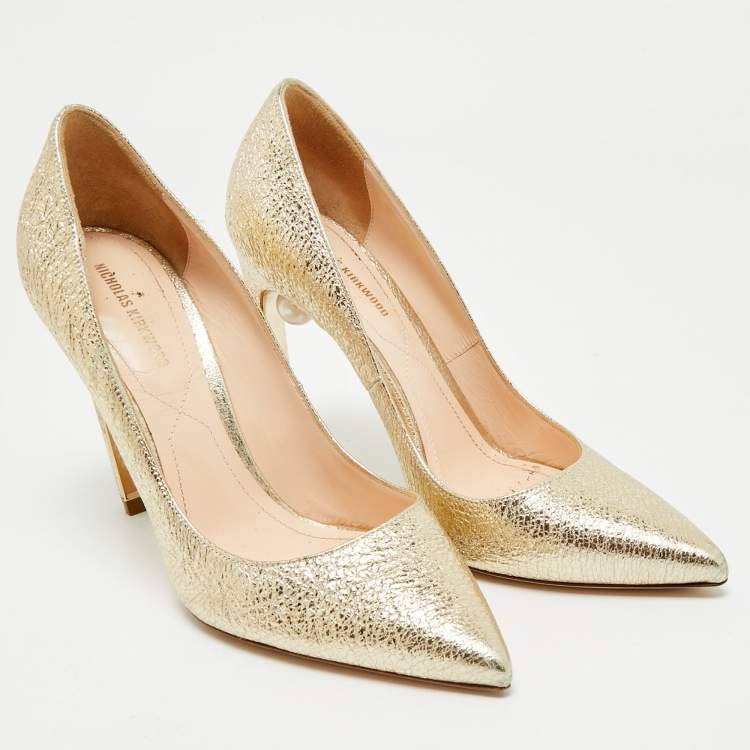 Pre Owned Nicholas Kirkwood Gold Texture Leather Pearl Embellished Pointed Toe Pumps Size 38.5