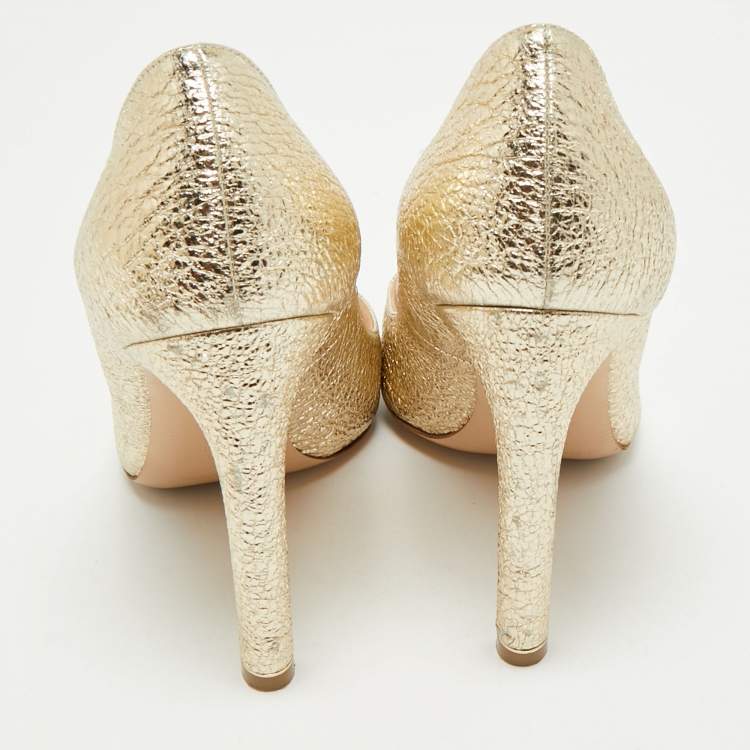 Pre Owned Nicholas Kirkwood Gold Texture Leather Pearl Embellished Pointed Toe Pumps Size 38.5