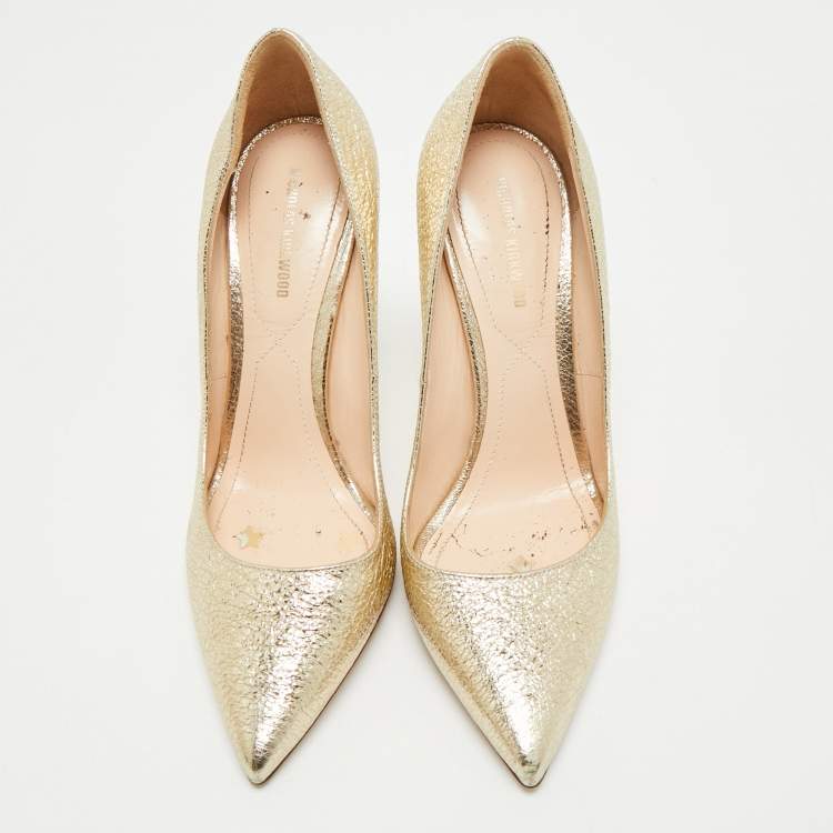 Pre Owned Nicholas Kirkwood Gold Texture Leather Pearl Embellished Pointed Toe Pumps Size 38.5
