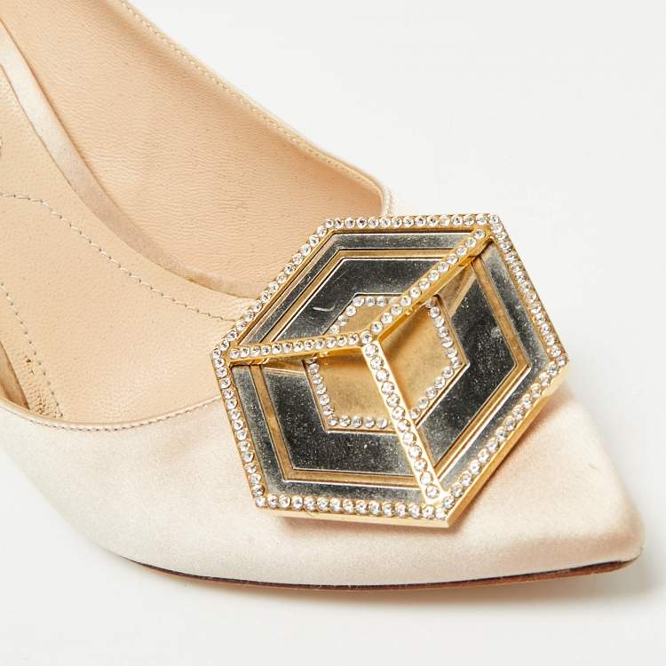 Pre Owned Nicholas Kirkwood Beige Satin Crystal Embellished Eden Pointed Toe Pumps Size 39.5