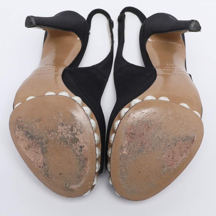 Pre Owned Nicholas Kirkwood Black Satin Pearl Embellished Platform Slingback Pumps Size 35.5