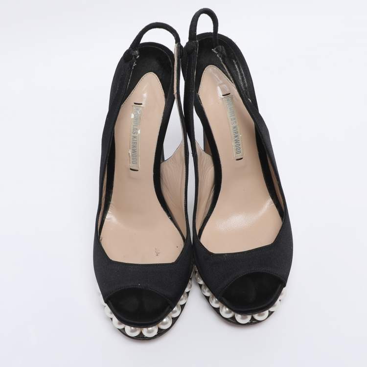 Pre Owned Nicholas Kirkwood Black Satin Pearl Embellished Platform Slingback Pumps Size 35.5