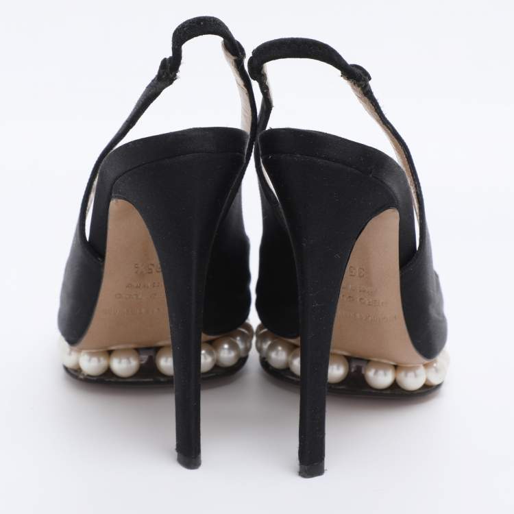 Pre Owned Nicholas Kirkwood Black Satin Pearl Embellished Platform Slingback Pumps Size 35.5