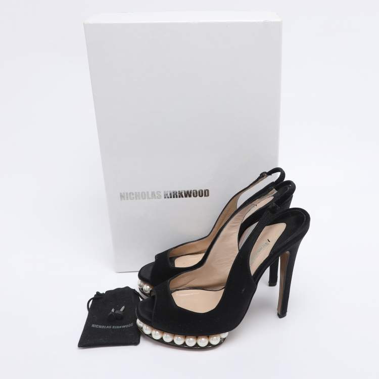 Pre Owned Nicholas Kirkwood Black Satin Pearl Embellished Platform Slingback Pumps Size 35.5