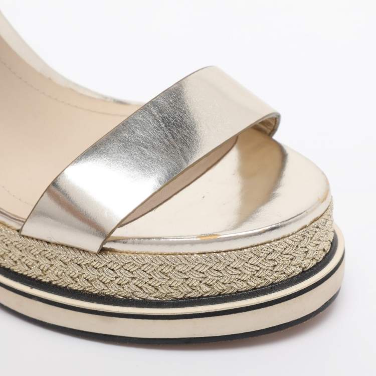 Pre Owned Nicholas Kirkwood Metallic Gold Foil Leather Wedge Espadrille Ankle Strap Sandals Size 38.5 