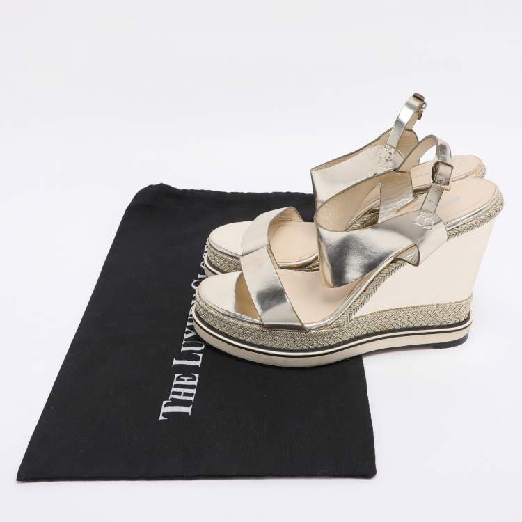 Pre Owned Nicholas Kirkwood Metallic Gold Foil Leather Wedge Espadrille Ankle Strap Sandals Size 38.5 