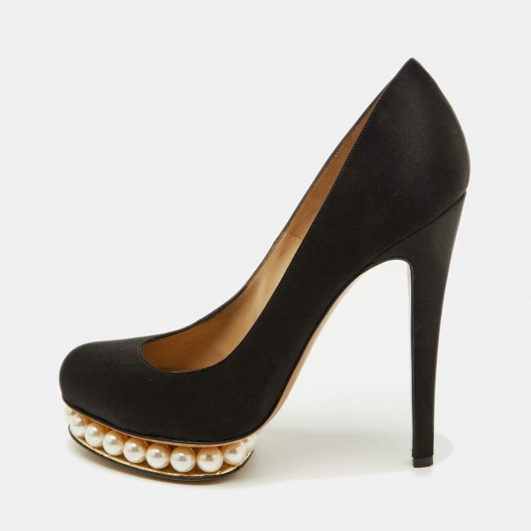 Pre Owned Nicholas Kirkwood Black Satin Faux Pearl Casati Platform Pumps Size 37