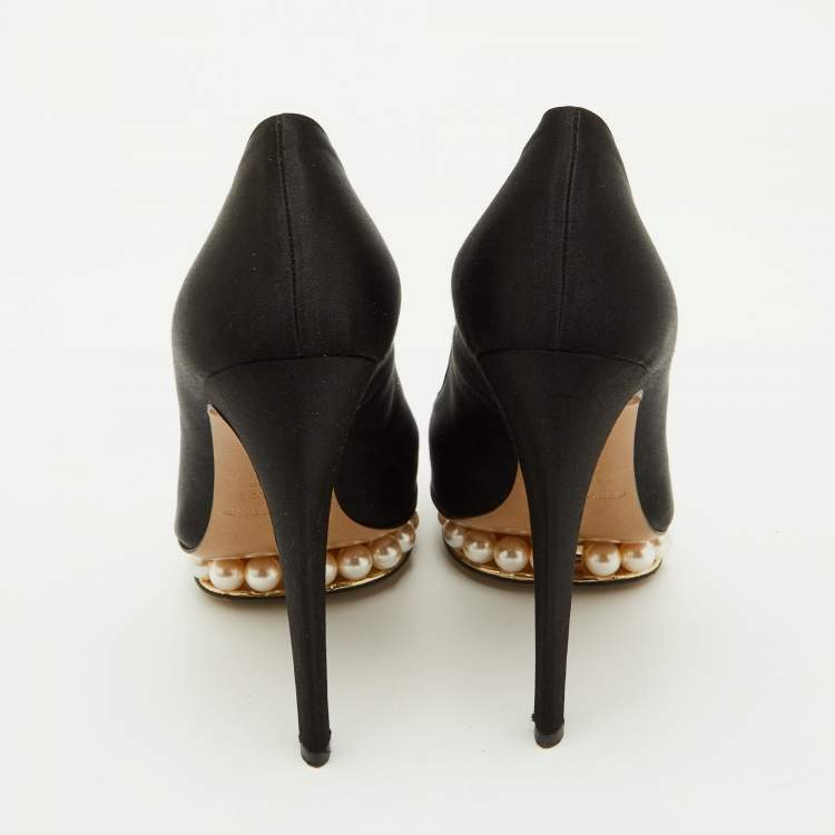 Pre Owned Nicholas Kirkwood Black Satin Faux Pearl Casati Platform Pumps Size 37