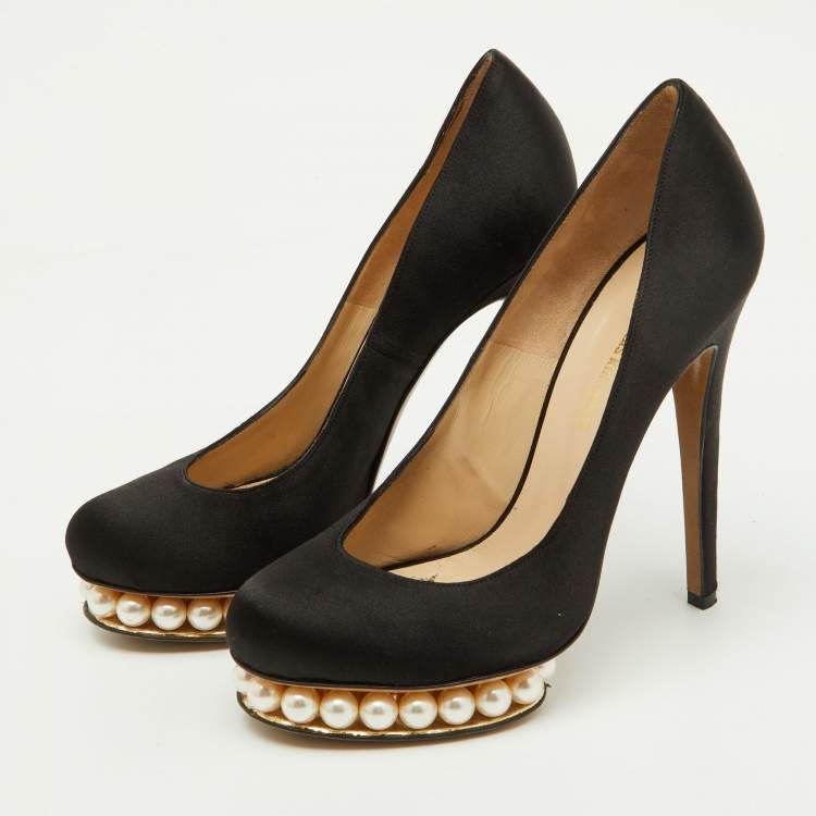 Pre Owned Nicholas Kirkwood Black Satin Faux Pearl Casati Platform Pumps Size 37