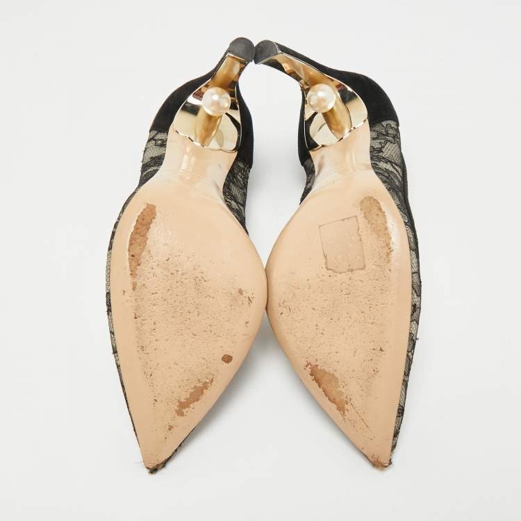 Pre Owned Nicholas Kirkwood Black/Beige Suede and Lace Pearl Embellished Pointed Toe Pumps Size 40