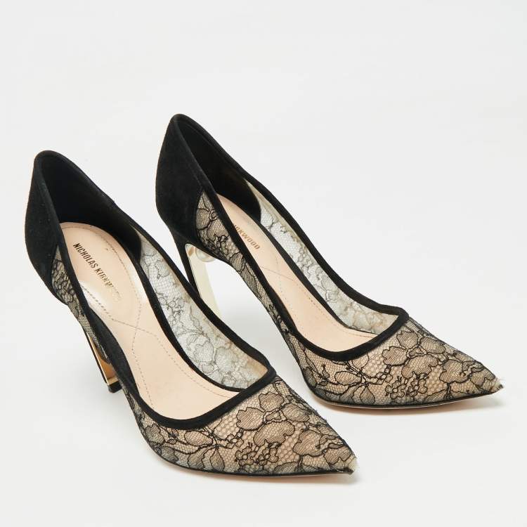 Pre Owned Nicholas Kirkwood Black/Beige Suede and Lace Pearl Embellished Pointed Toe Pumps Size 40