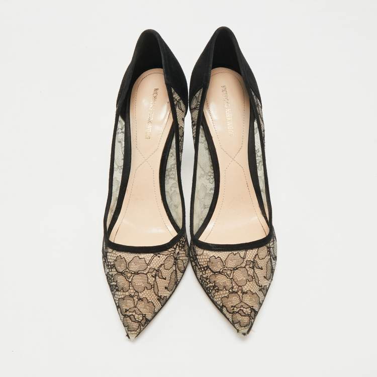 Pre Owned Nicholas Kirkwood Black/Beige Suede and Lace Pearl Embellished Pointed Toe Pumps Size 40