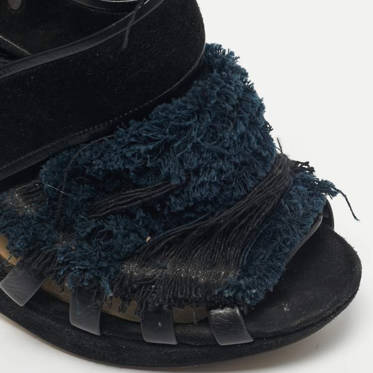 Pre Owned Nicholas Kirkwood Black/Blue Suede And Fabric Criss Cross Platform Booties Size 40