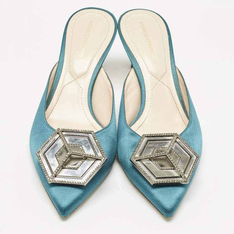 Pre Owned Nicholas Kirkwood Green Satin Eden Heel Mules Size 38
