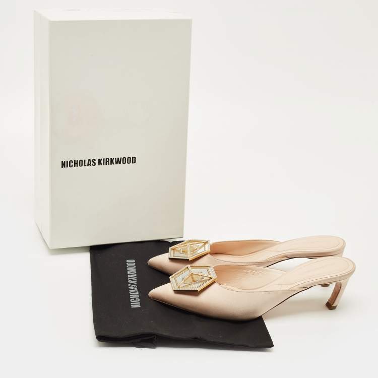 Pre Owned Nicholas Kirkwood Beige Satin Eden Crystals Embellished Mule Sandals Size 39