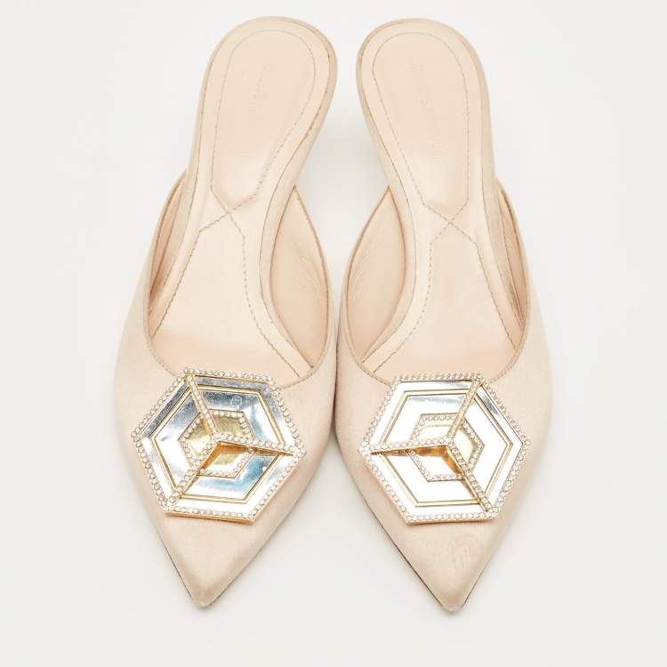 Pre Owned Nicholas Kirkwood Beige Satin Eden Crystals Embellished Mule Sandals Size 39