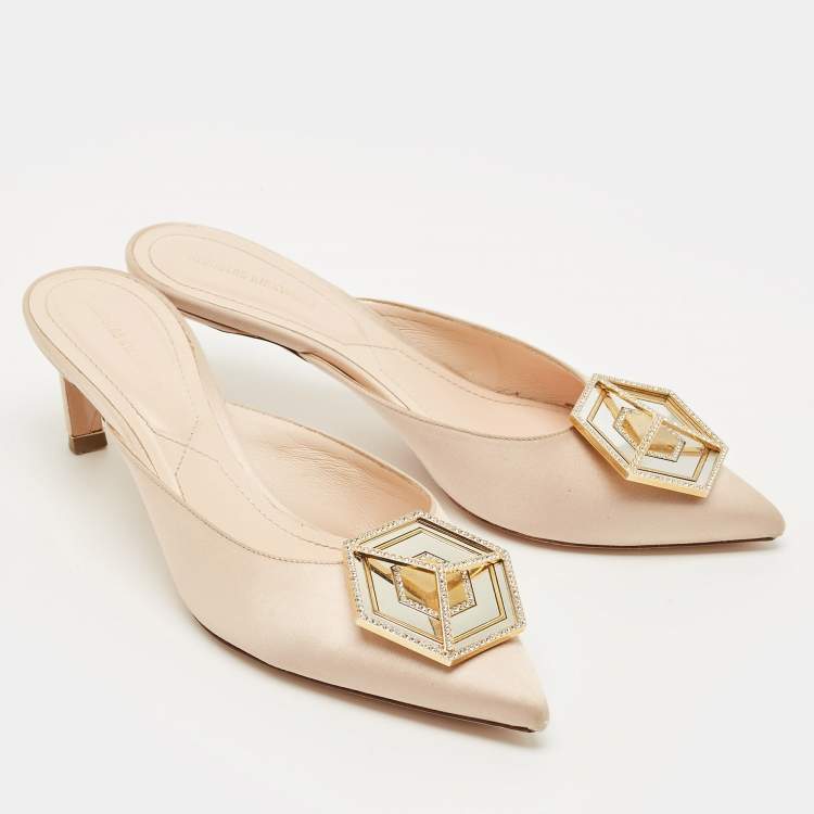 Pre Owned Nicholas Kirkwood Beige Satin Eden Crystals Embellished Mule Sandals Size 39