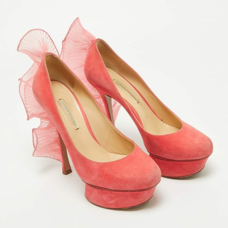 Pre Owned Nicholas Kirkwood Pink Suede Ruffle Trimmed Platform Pumps Size 37.5