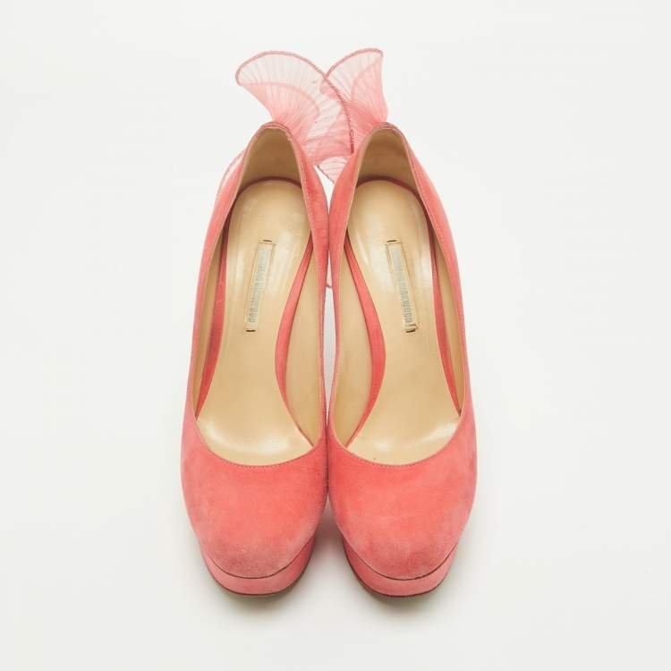 Pre Owned Nicholas Kirkwood Pink Suede Ruffle Trimmed Platform Pumps Size 37.5