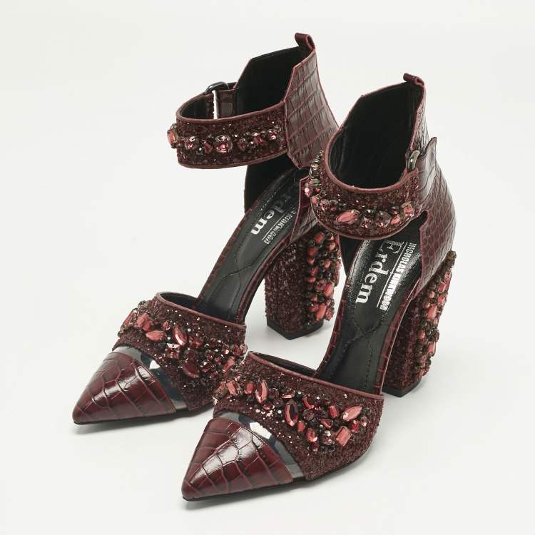 Pre Owned Nicholas Kirkwood Burgundy Croc Embossed and Crystal Embellished Pumps Size 36