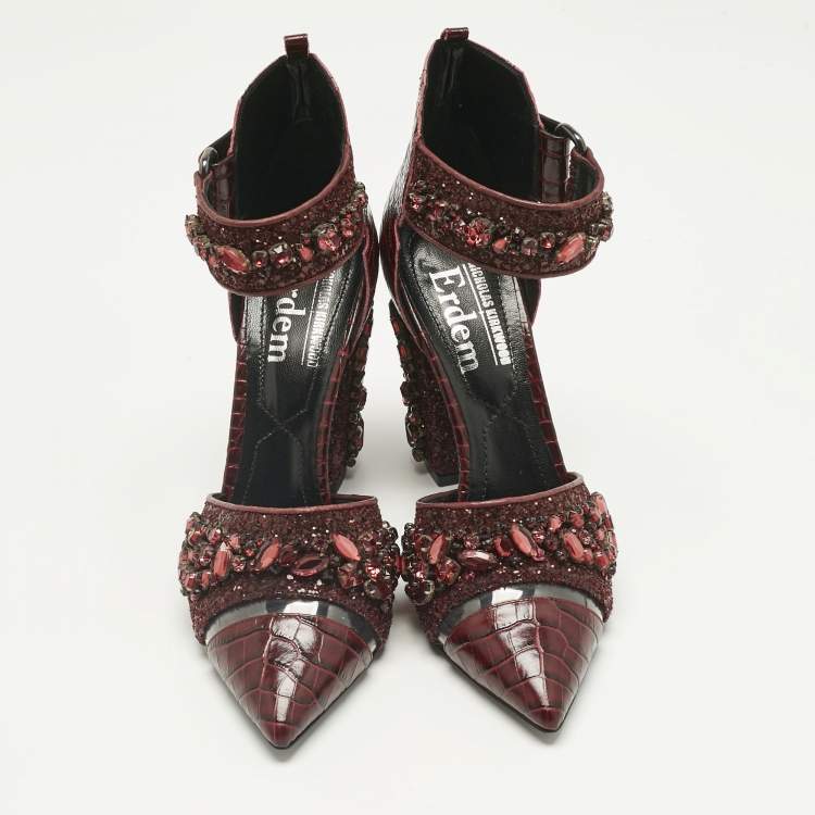 Pre Owned Nicholas Kirkwood Burgundy Croc Embossed and Crystal Embellished Pumps Size 36