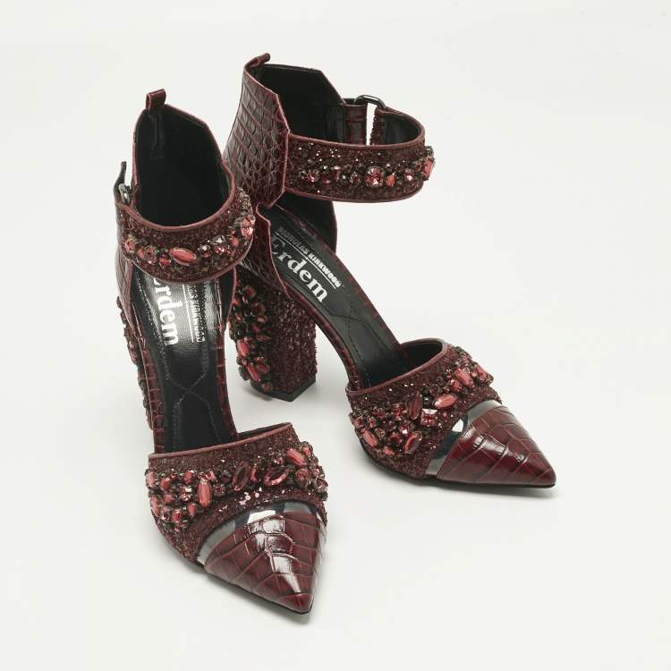 Pre Owned Nicholas Kirkwood Burgundy Croc Embossed and Crystal Embellished Pumps Size 36
