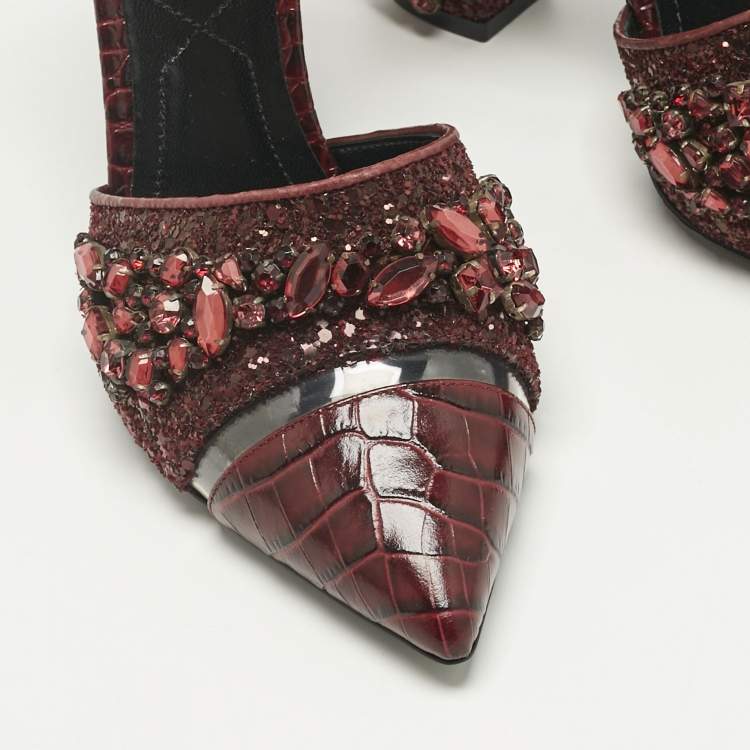 Pre Owned Nicholas Kirkwood Burgundy Croc Embossed and Crystal Embellished Pumps Size 36